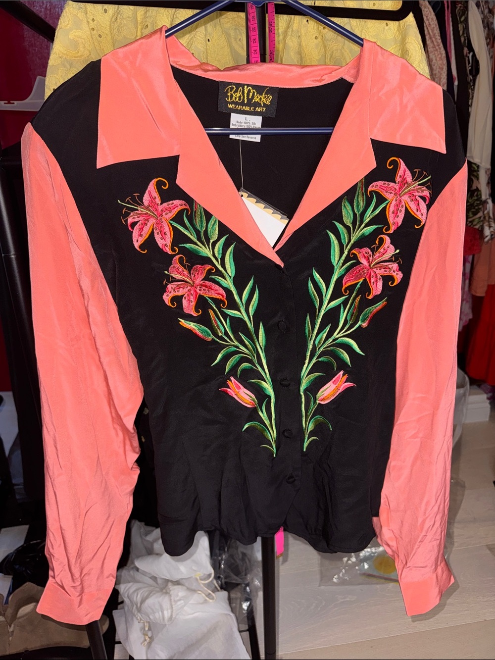 Bob Mackie Silk Embroidered Lily Button-Down Shirt